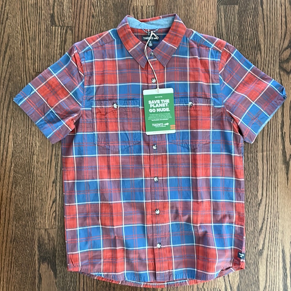 Toad & Co., plaid red and blue S/S shirt, NWT